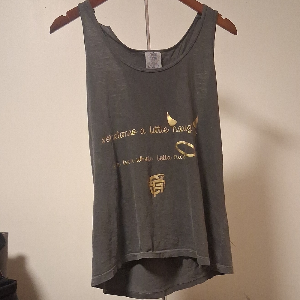 Gray Tattered Tank Top with Gold Accents